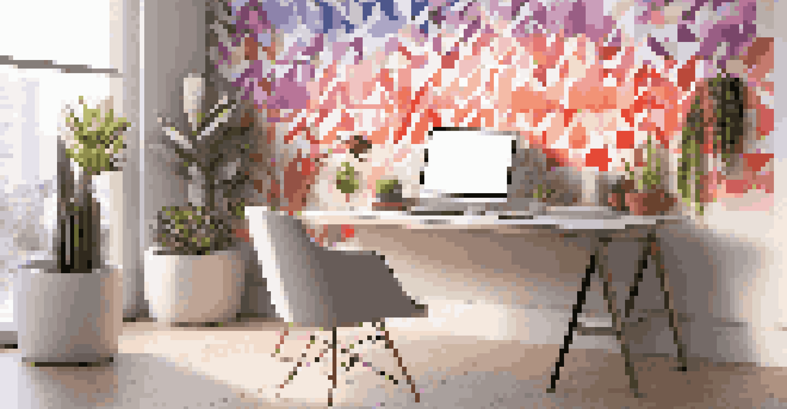 A modern home office with a geometric-patterned wall panel and a desk setup.
