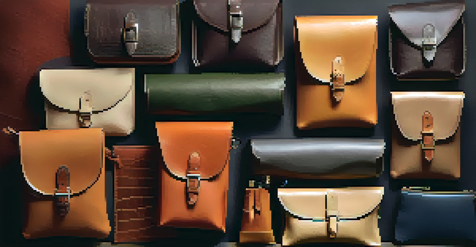 A variety of colorful leather pouches displayed on a fabric backdrop, highlighting their designs and textures in warm light.