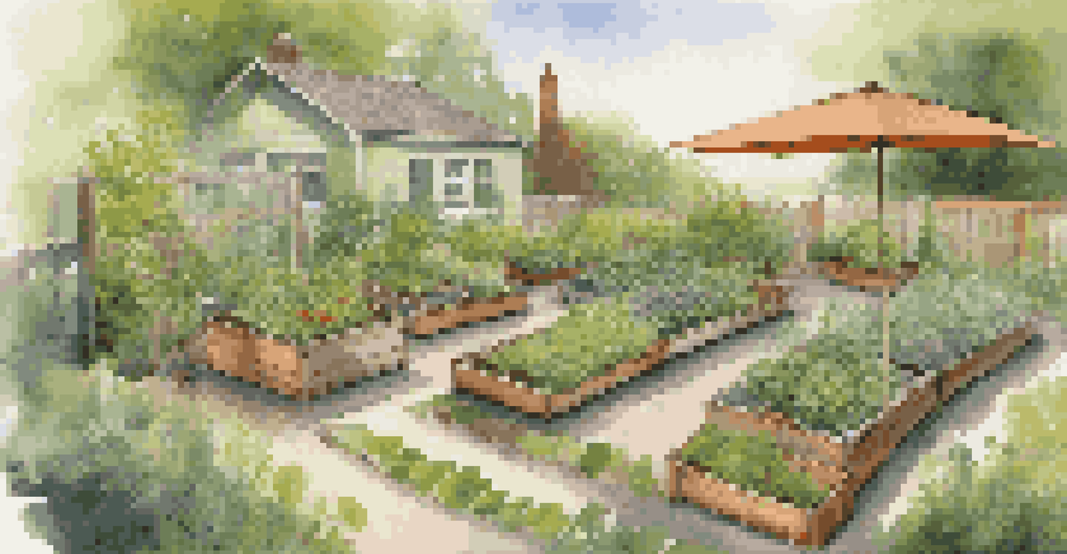 A sustainable herb garden with raised beds and compost bins.