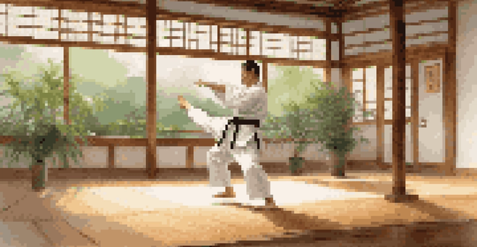 A martial artist executing a high kick in a tranquil dojo filled with natural light and traditional equipment.