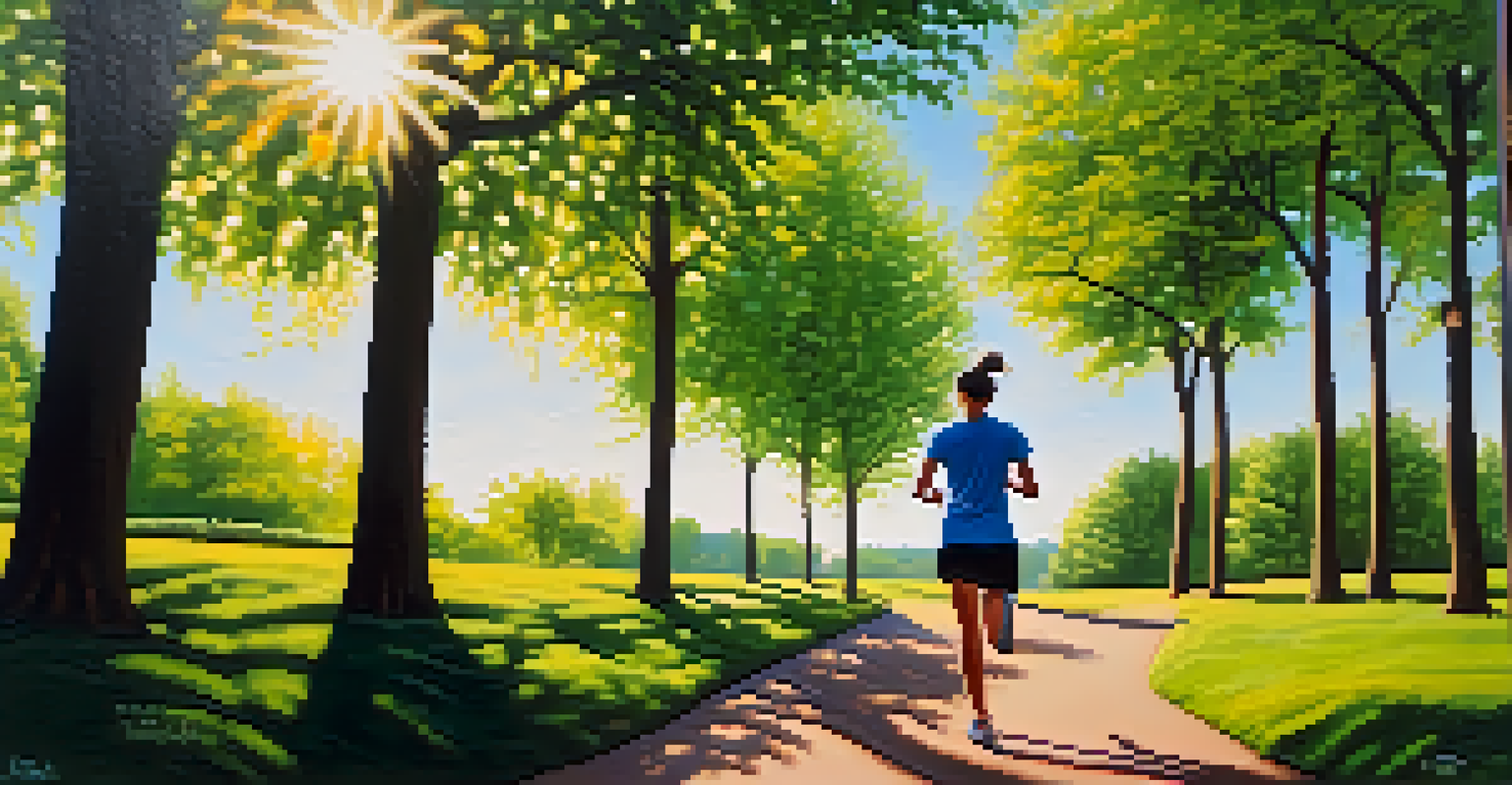 A person jogging in a sunny park, wearing headphones and enjoying a podcast.