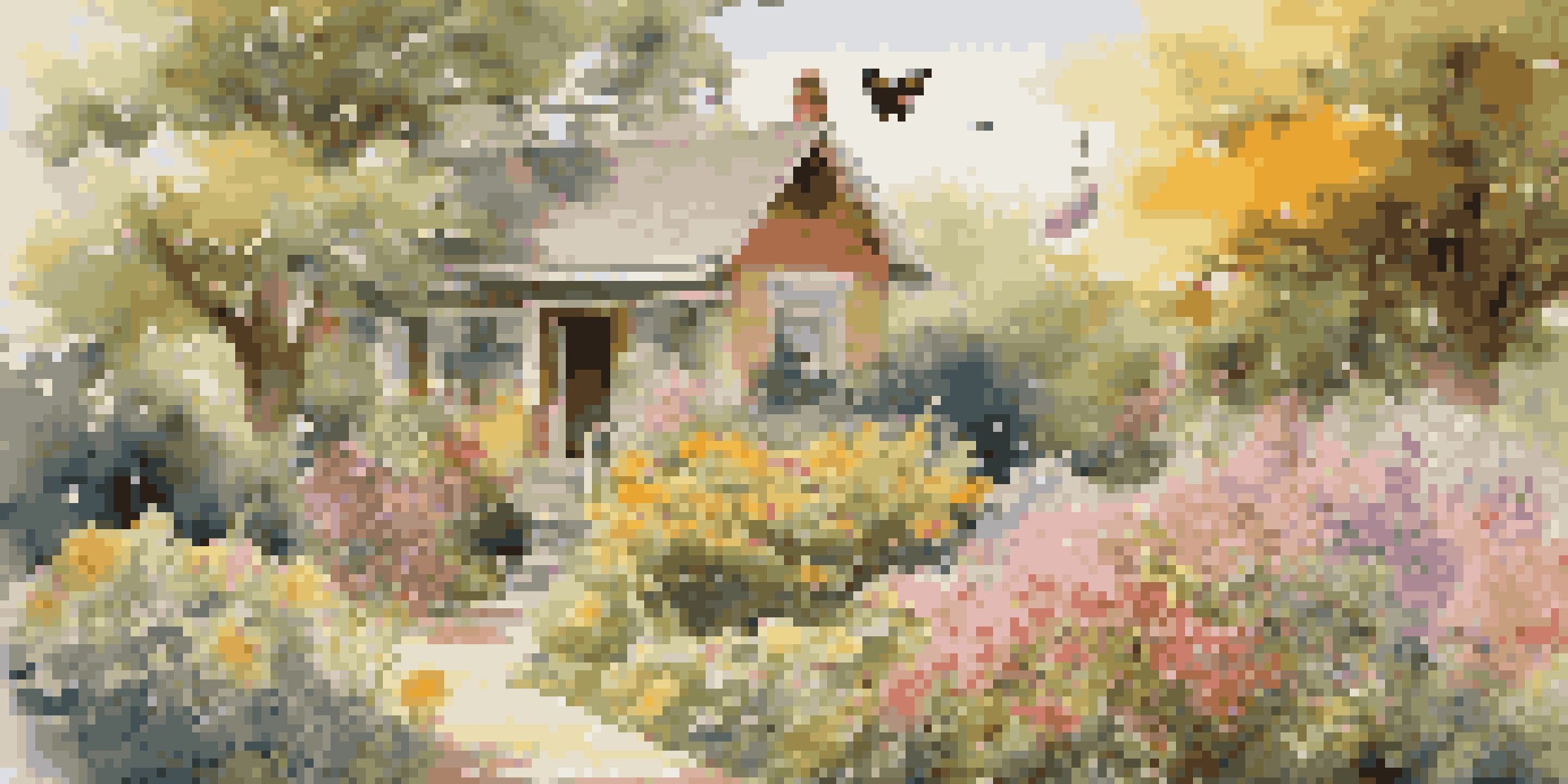 A colorful garden with native plants and pollinators, showcasing a birdhouse and a dish of water in dappled sunlight.