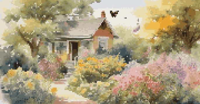 A colorful garden with native plants and pollinators, showcasing a birdhouse and a dish of water in dappled sunlight.