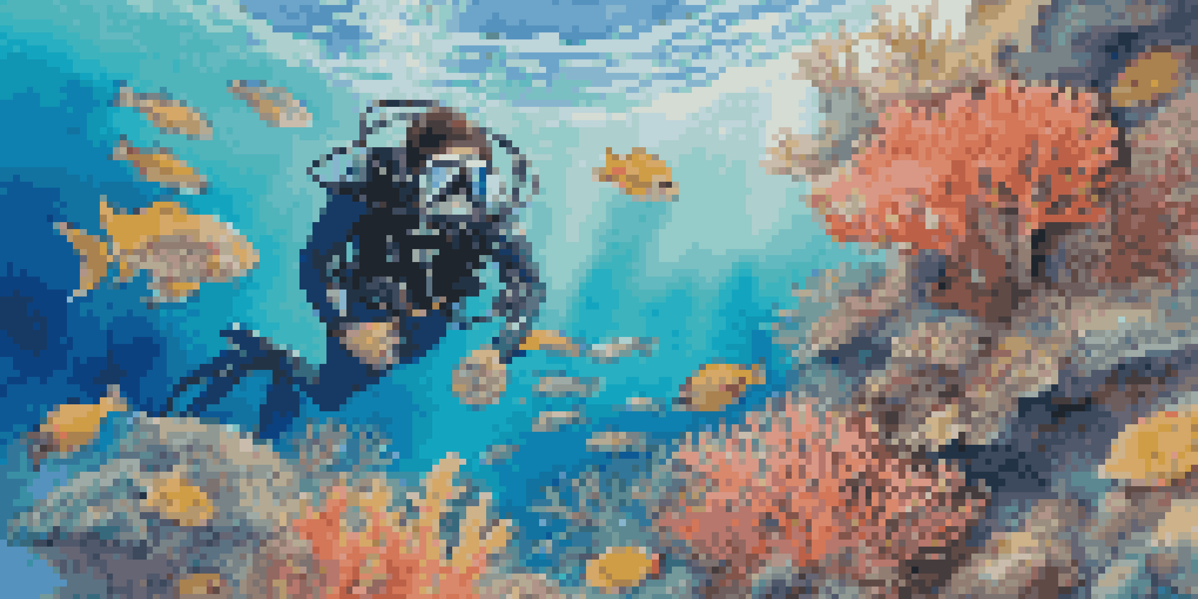 An underwater scene with a diver exploring a colorful coral reef filled with various fish, with sunlight filtering through the water.