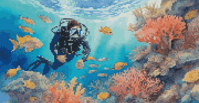 An underwater scene with a diver exploring a colorful coral reef filled with various fish, with sunlight filtering through the water.