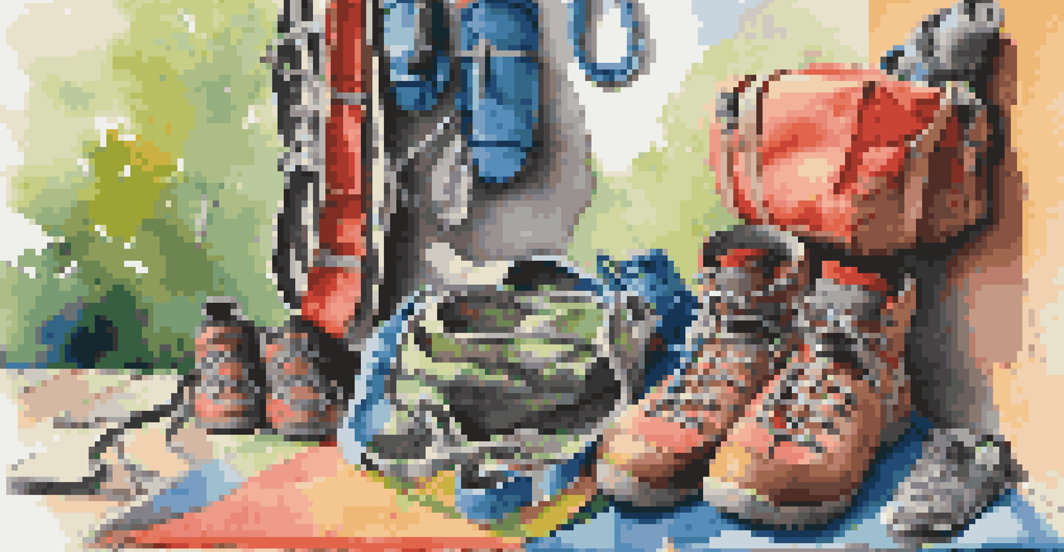 A bright setup of climbing gear on a mat with a climbing wall in the background.