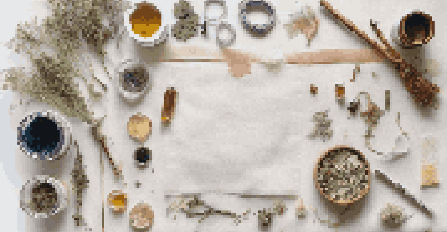 A crafting workspace with fabric squares, dried herbs, essential oils, and finished scented sachets, all arranged neatly.