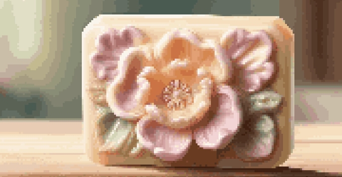 A close-up of a soap flower sculpture with intricate petal details on a wooden table illuminated by sunlight.