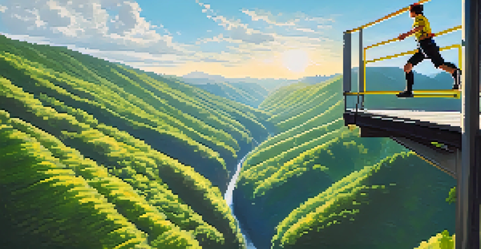 A person in bungee jumping gear stands at the edge of a platform, looking down at a green valley, preparing to jump under a blue sky.