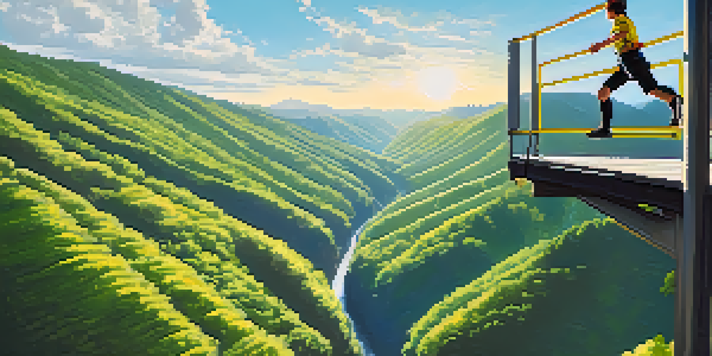 A person in bungee jumping gear stands at the edge of a platform, looking down at a green valley, preparing to jump under a blue sky.