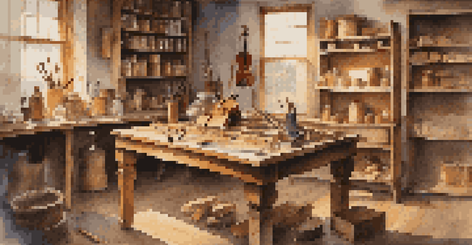 An artist's workspace with wooden items, including a block of wood and a violin, surrounded by finishing materials in warm lighting.