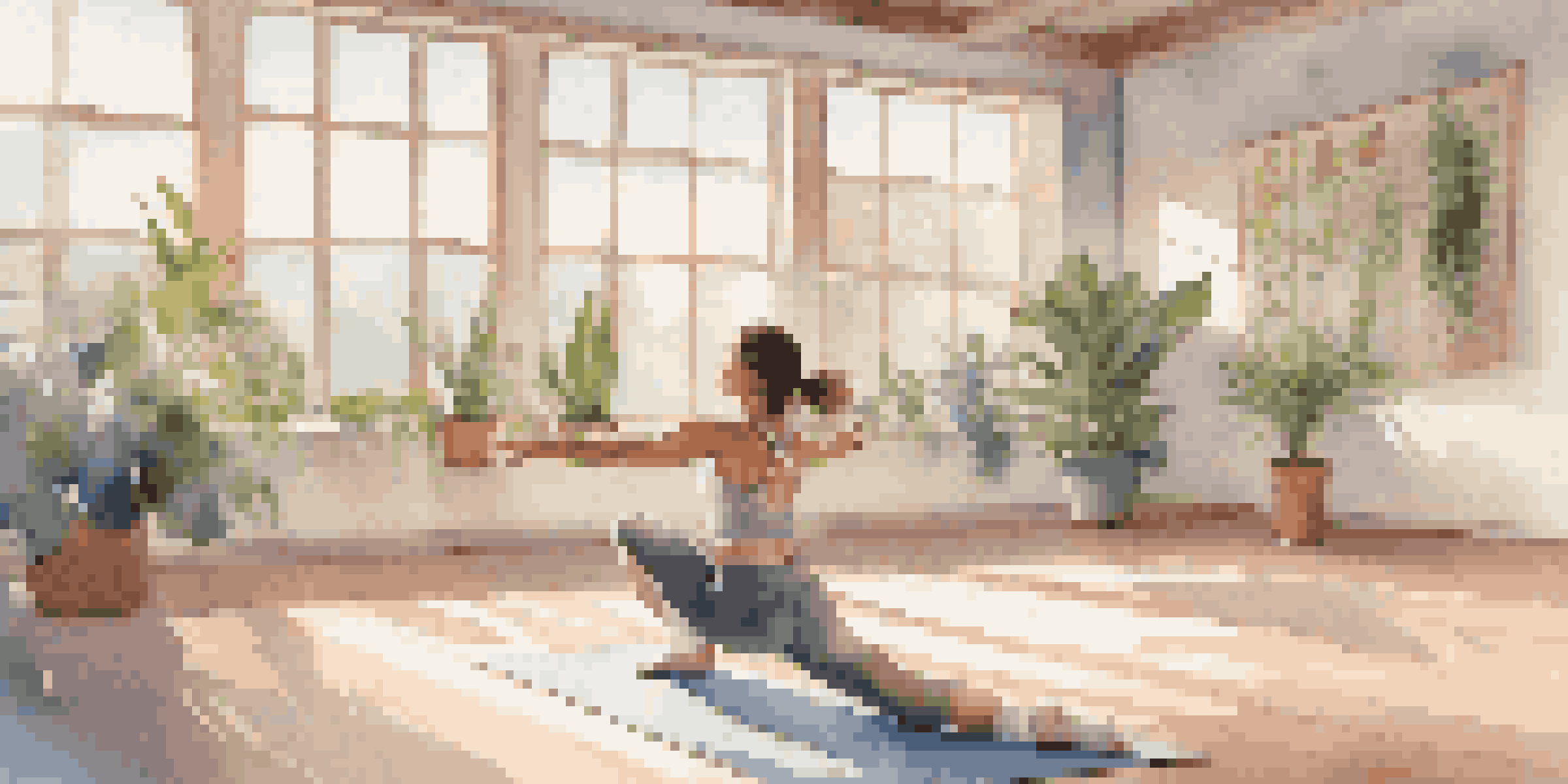 A young woman practicing yoga in a bright indoor studio, demonstrating strength and flexibility with plants and motivational quotes in the background.