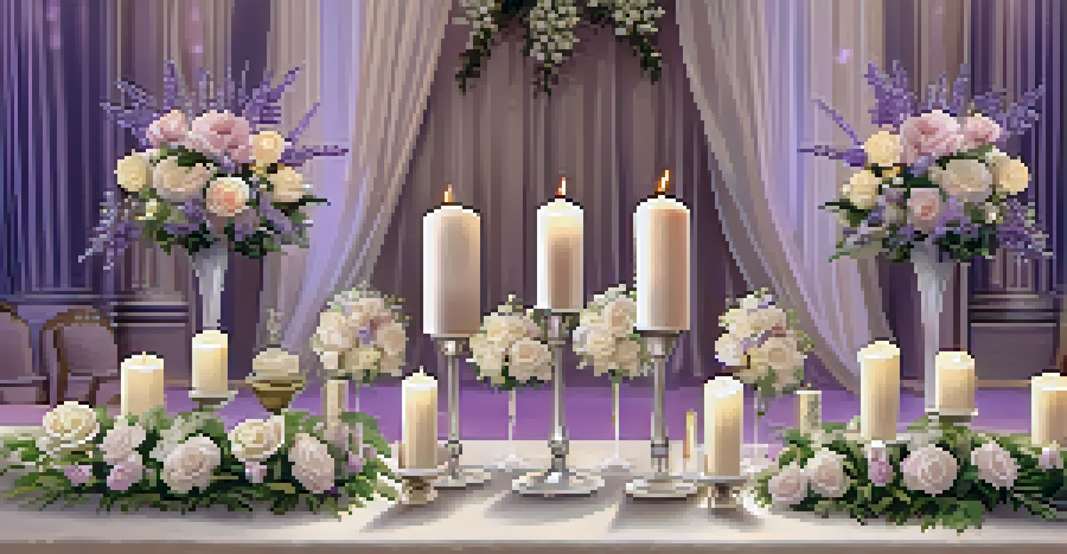 A wedding table featuring a unity candle with personalized votive candles, decorated with pastel flowers and soft lighting.