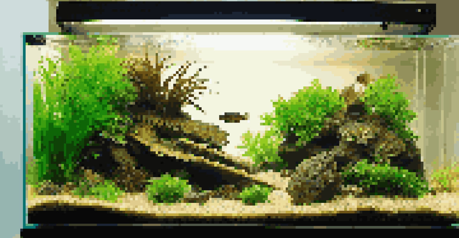 A spacious room with a large aquarium displaying a stunning aquascape, filled with plants and rocks, illuminated by soft lighting.