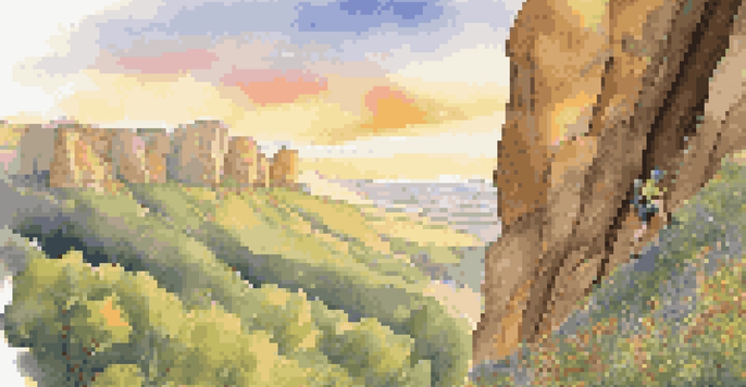 A climber ascends a rocky cliff in a beautiful natural setting, with greenery and wildflowers surrounding them under a golden sunset.