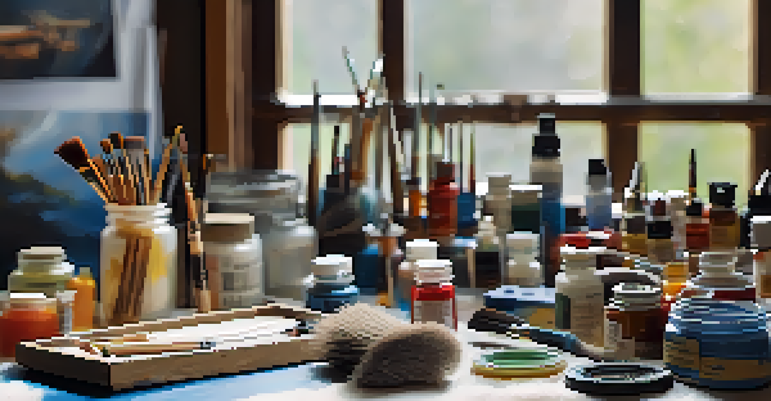 An organized artist's workspace with painting tools and a partially painted model airplane in natural lighting.