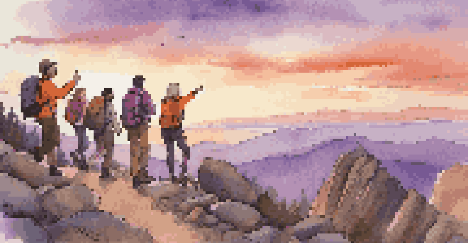 A group of friends enjoying a hike on a mountain trail at sunset, with vibrant colors in the sky.