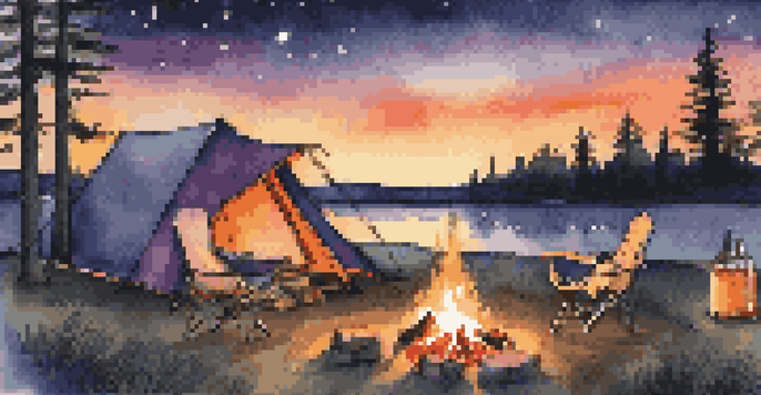 A peaceful campsite with a campfire, two chairs, and a table featuring easy camping recipes under a dusky sky.