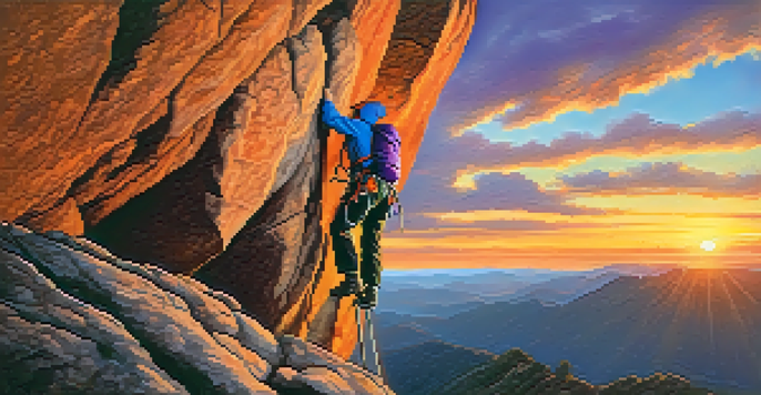 A climber ascending a rocky cliff during sunset, with a colorful sky and dramatic lighting.