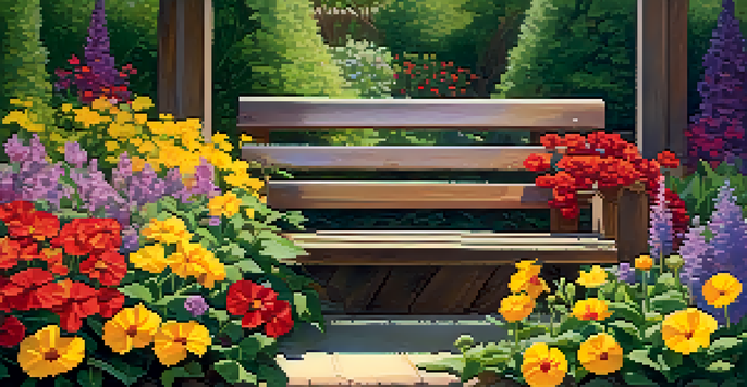 A garden filled with colorful flowers and a wooden bench, illuminated by soft sunlight filtering through trees.