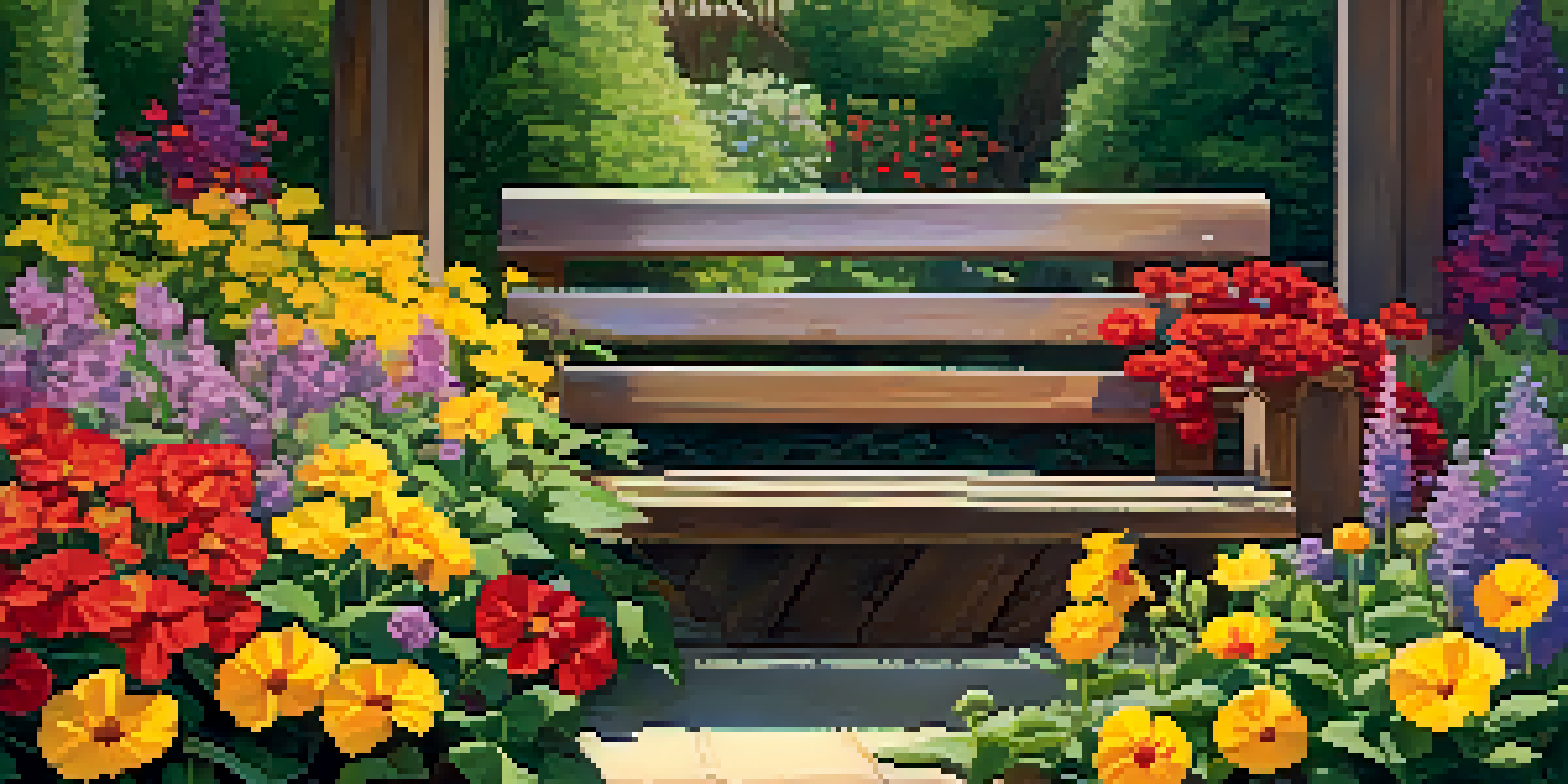 A garden filled with colorful flowers and a wooden bench, illuminated by soft sunlight filtering through trees.