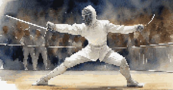 A fencer lunging on a strip, wearing a white uniform and mask, with a cheering audience in the blurred background.