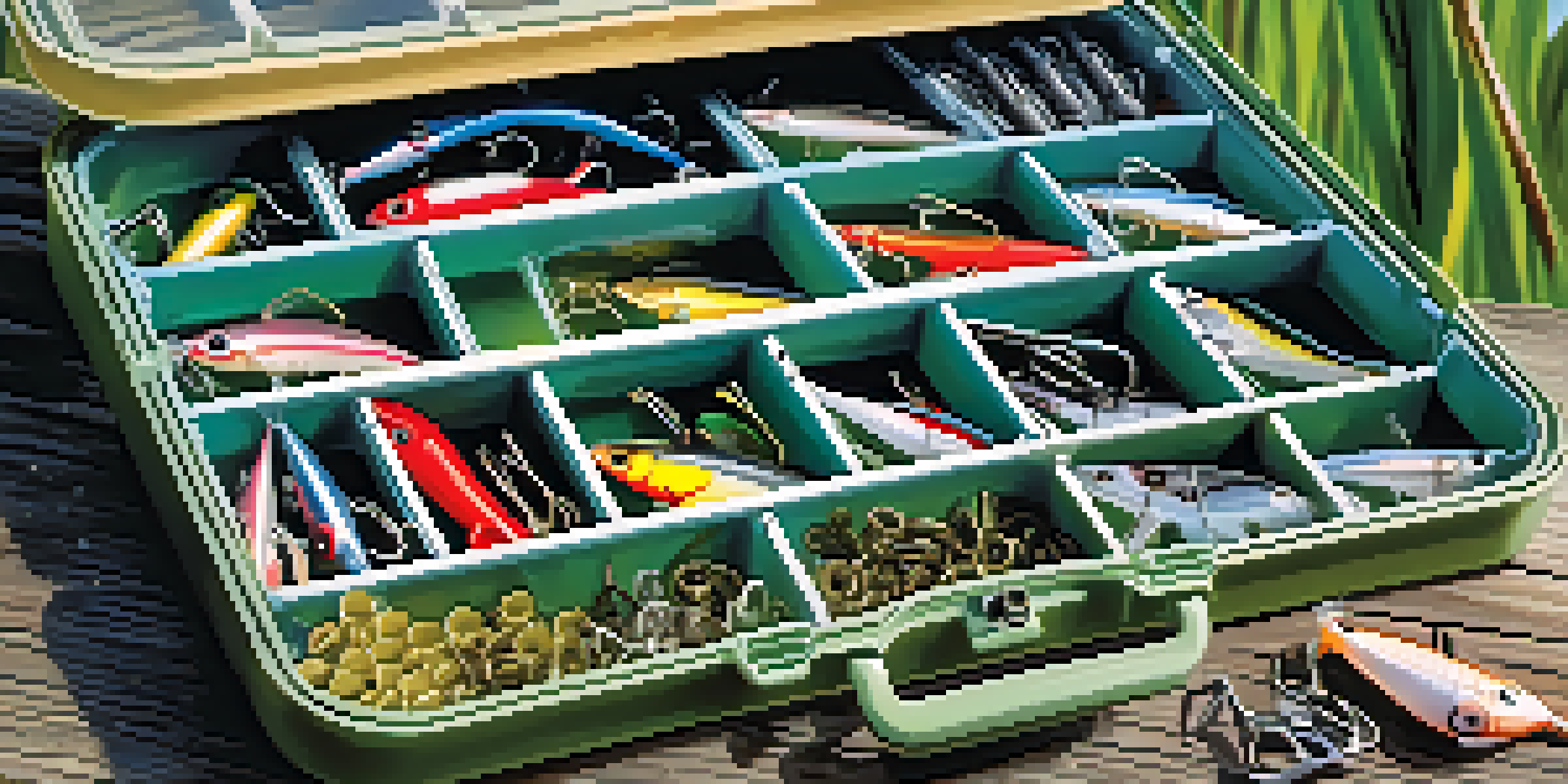 A close-up view of a transparent tackle box filled with colorful fishing lures and hooks against a lakeside background.