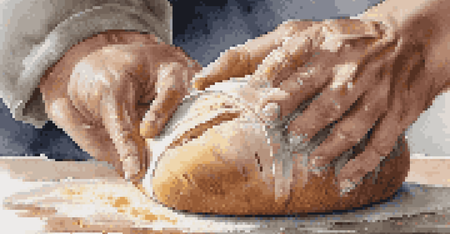 A close-up of a baker scoring a round loaf of bread with a sharp lame, emphasizing the precision of the cuts against a lightly floured surface.