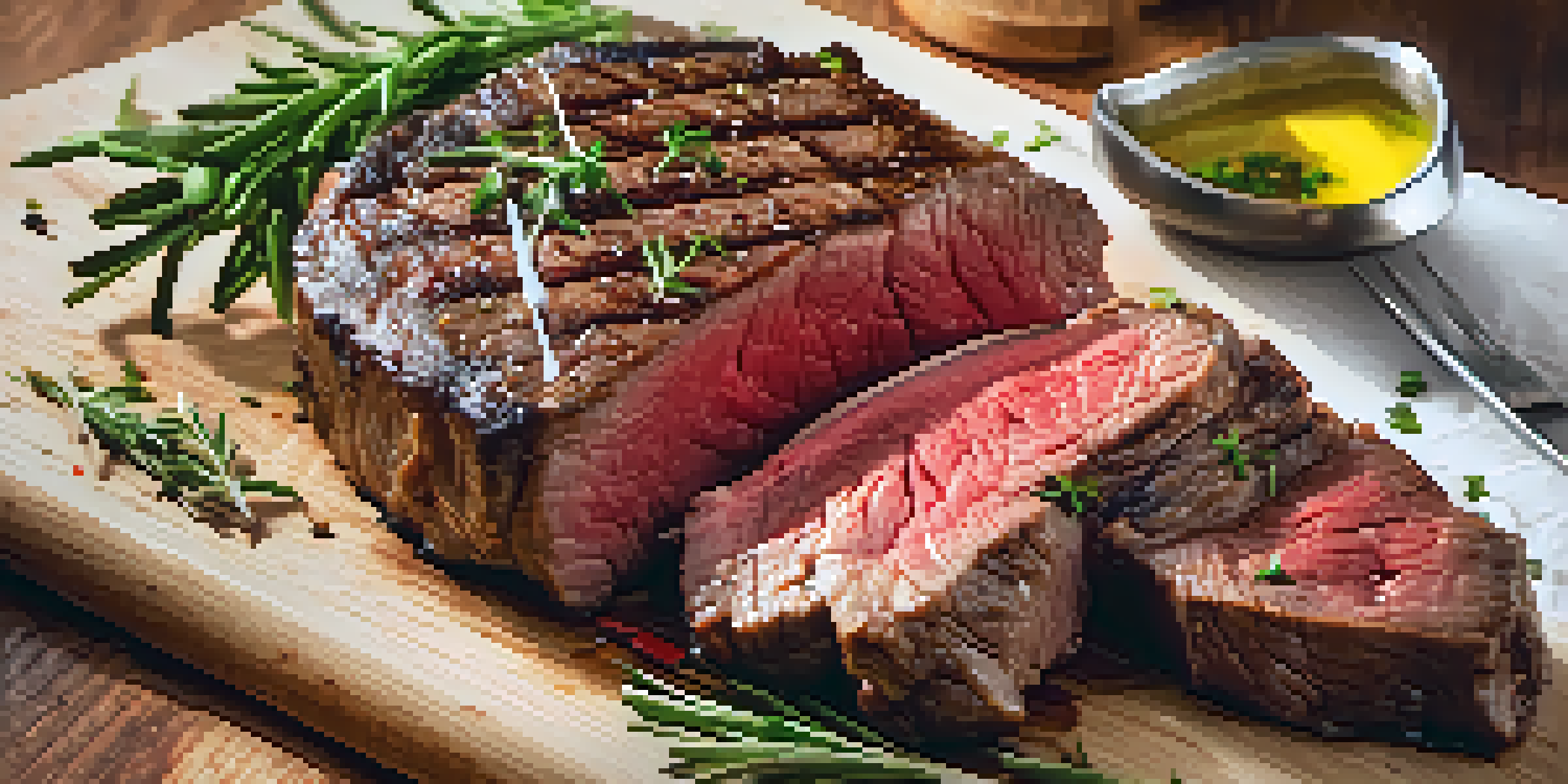 A perfectly cooked medium-rare steak garnished with herbs on a wooden cutting board, with garlic-infused oil in a bowl nearby, set in a warmly lit kitchen.