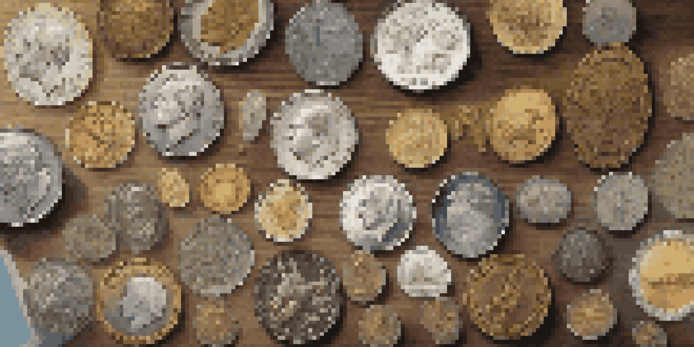 A collection of various collectible coins displayed on a wooden table, illuminated by natural sunlight, with a magnifying glass beside them.