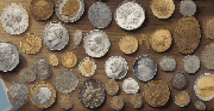 A collection of various collectible coins displayed on a wooden table, illuminated by natural sunlight, with a magnifying glass beside them.