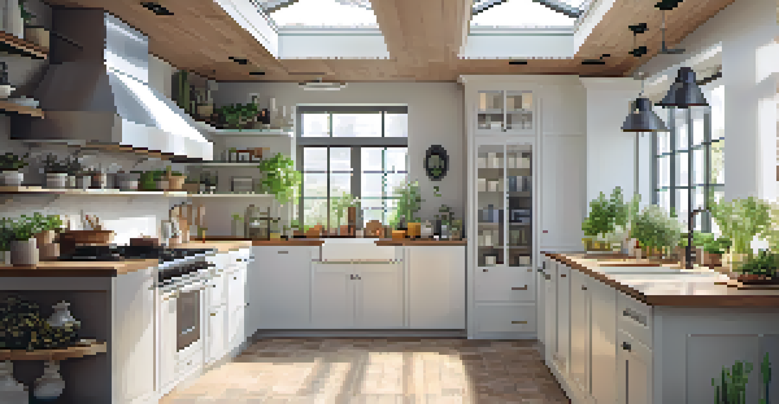 A kitchen with a skylight providing natural light, white walls, and colorful herbs on the countertop, creating a cozy atmosphere.