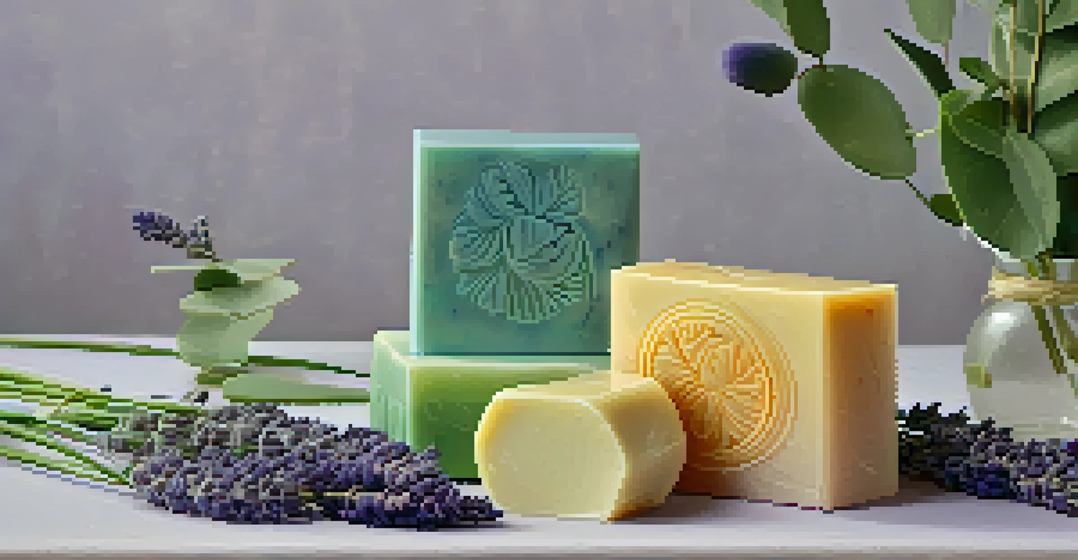 Detailed view of colorful handcrafted soap sculptures surrounded by lavender and eucalyptus leaves under soft sunlight.