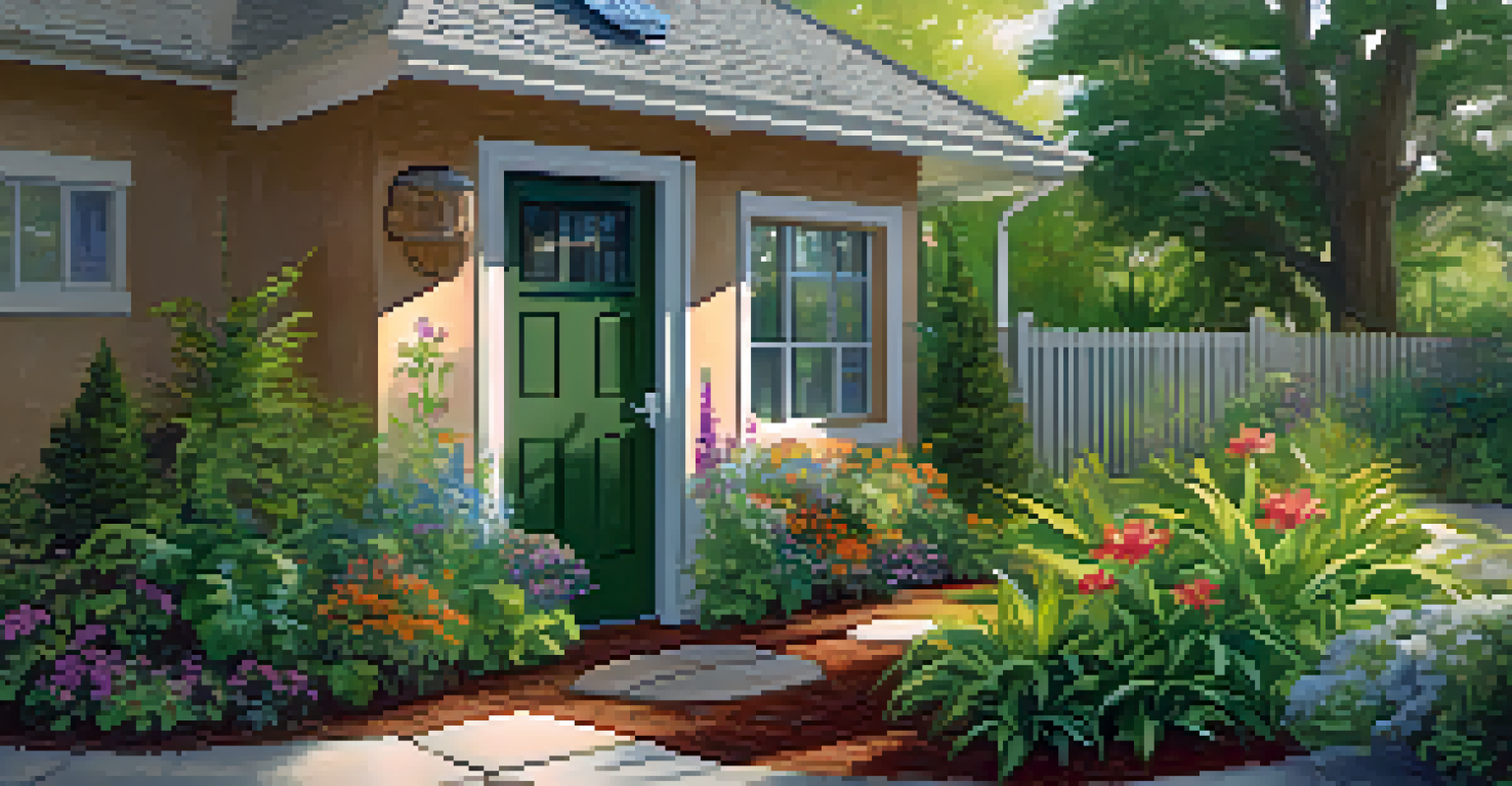 A rainwater harvesting system with a rain barrel and surrounding plants, illustrating the collection of rainwater in a sunny garden.