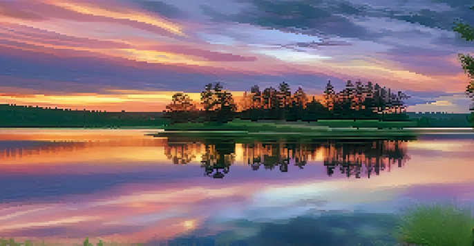 A picturesque sunset over a calm lake with silhouetted trees and colorful reflections on the water.