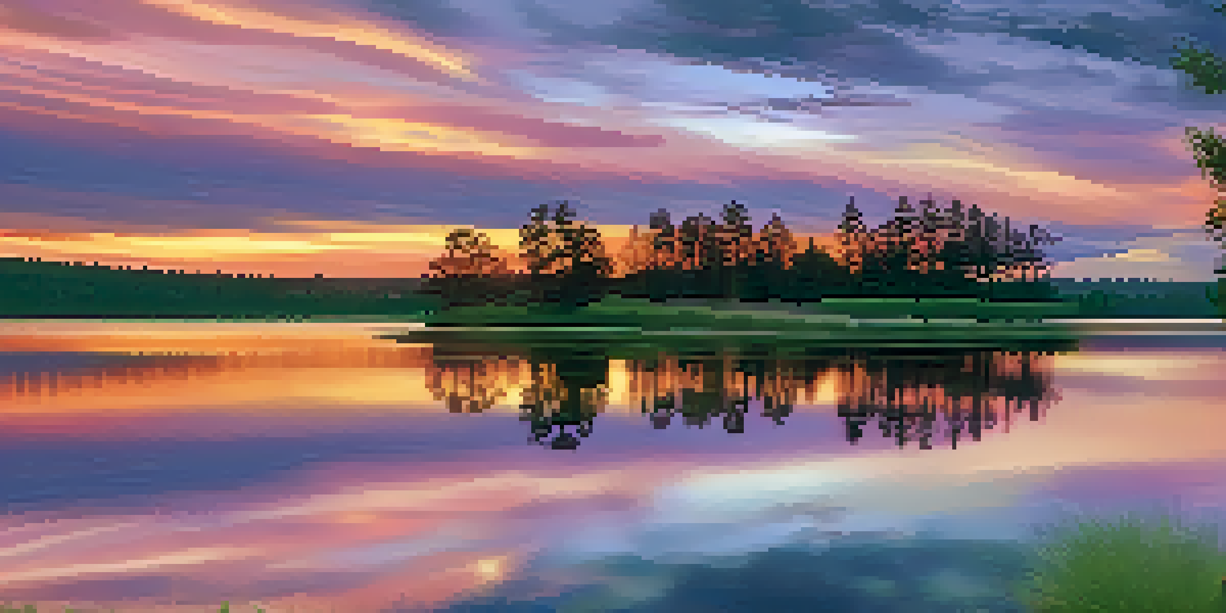 A picturesque sunset over a calm lake with silhouetted trees and colorful reflections on the water.