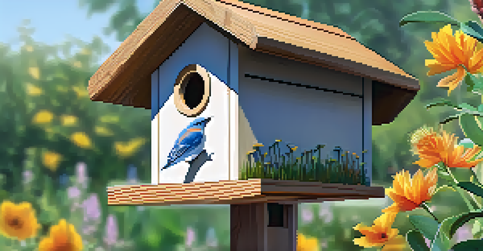 Detailed close-up of a bluebird birdhouse made of cedar, surrounded by native plants and a birdbath.