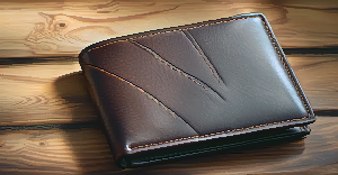 A detailed view of a finely crafted leather wallet with intricate stitching on a wooden table.