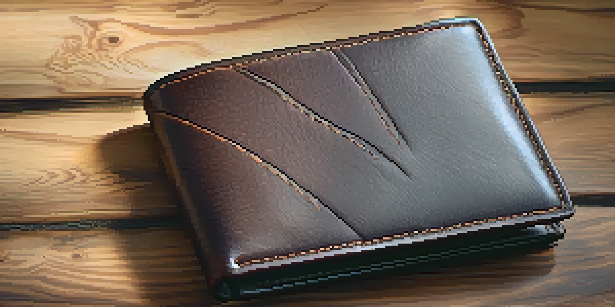 A detailed view of a finely crafted leather wallet with intricate stitching on a wooden table.