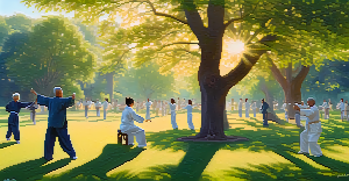A diverse group of individuals practicing Tai Chi in a green park at sunrise, surrounded by trees and soft golden light.