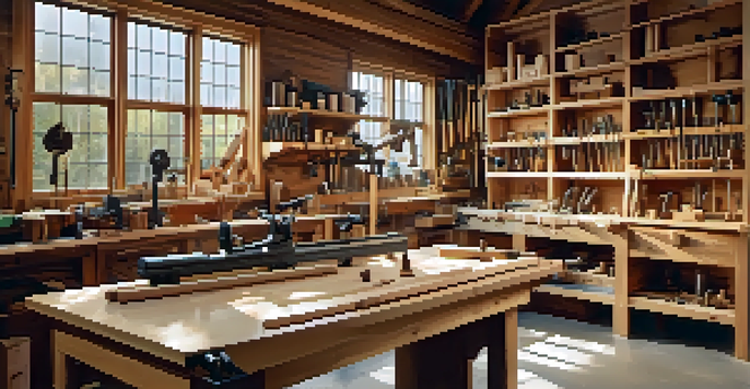 A woodworking workshop with various jigs on a workbench, illuminated by warm natural light, surrounded by tools and materials.