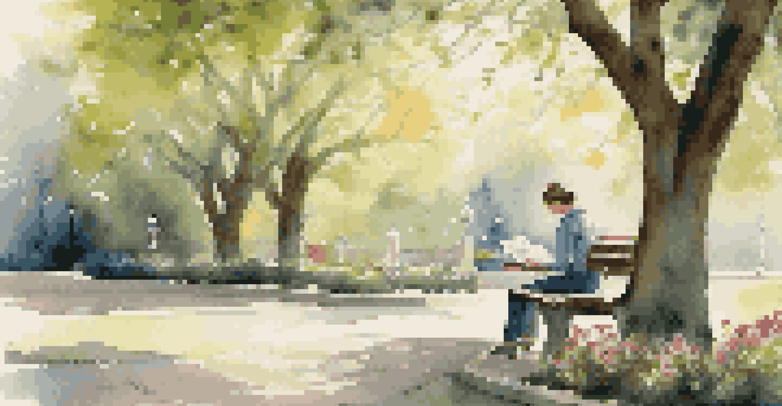 A person sitting on a park bench, solving a crossword puzzle in a serene outdoor setting with blooming flowers.