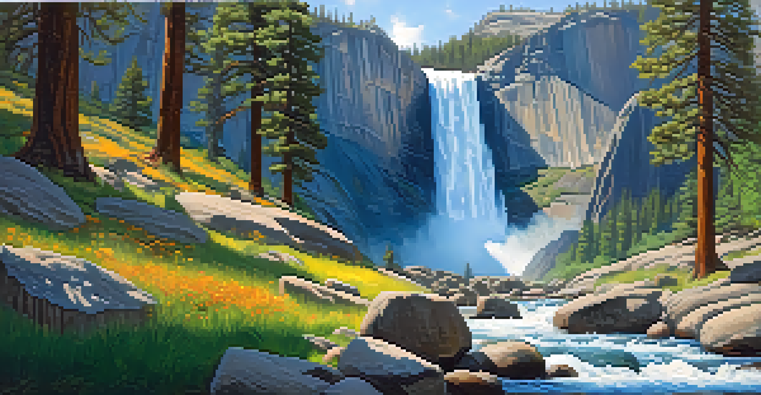 A waterfall in Yosemite National Park with granite cliffs and green trees.