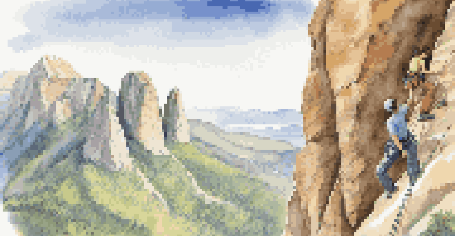 A mentor guiding a novice climber on a cliff face with a beautiful mountain landscape in the background.