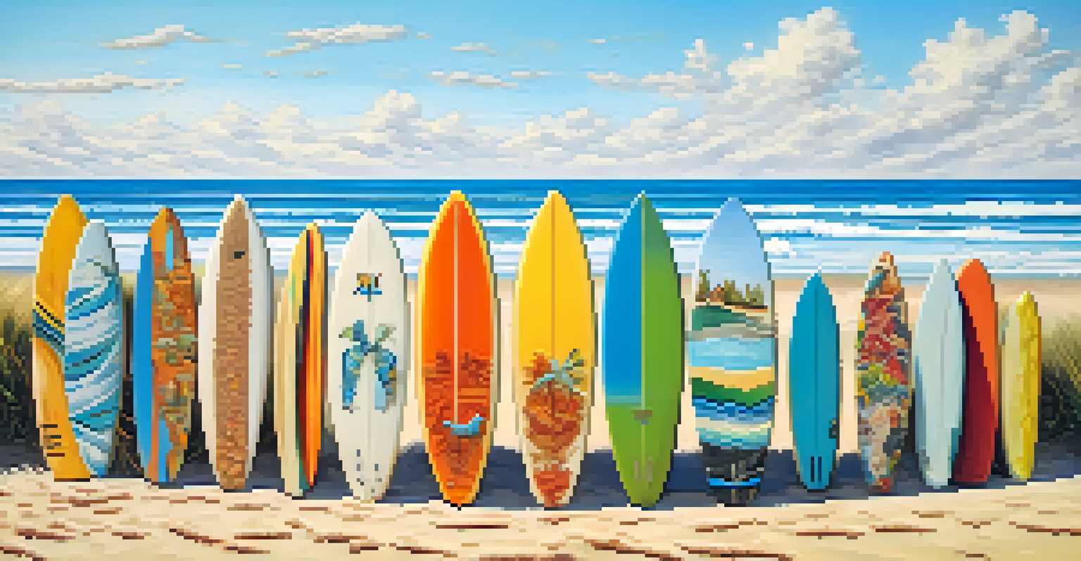 Eco-friendly surfboards on a beach with surfers in the background.