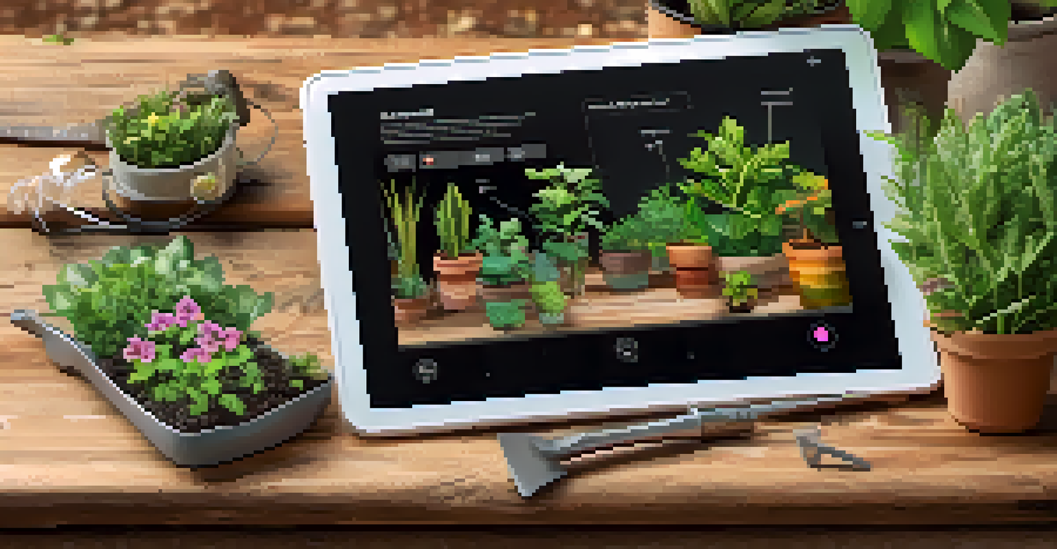A tablet displaying a virtual gardening tool with plant options and care instructions, placed on a wooden table with gardening tools.