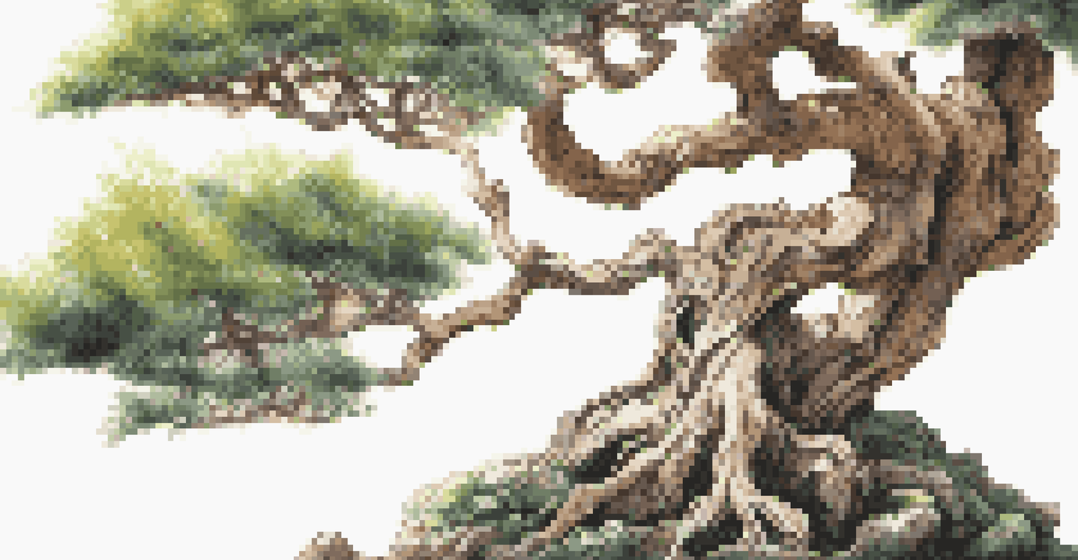 A close-up of a styled bonsai tree, emphasizing its twisted branches and delicate leaves, with a blurred tranquil garden background.