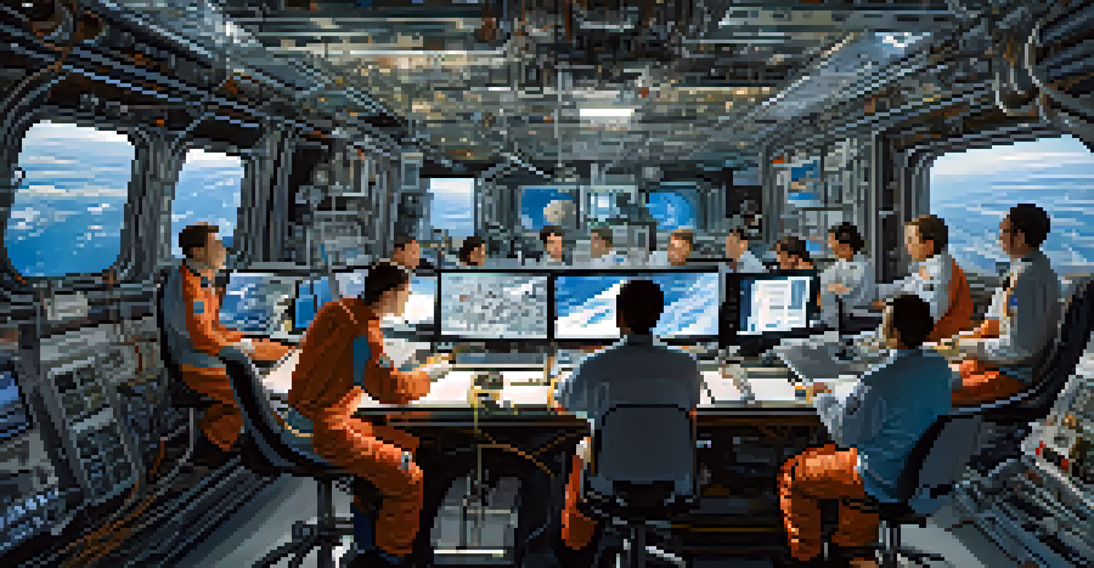 Scientists collaborating on the International Space Station, with Earth visible through large windows and advanced technology around them.