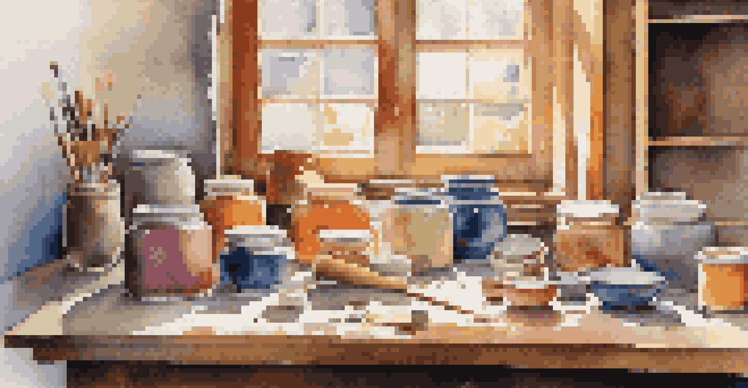 An artist's workspace featuring jars of colored glazes and ceramic pieces, illuminated by warm light.