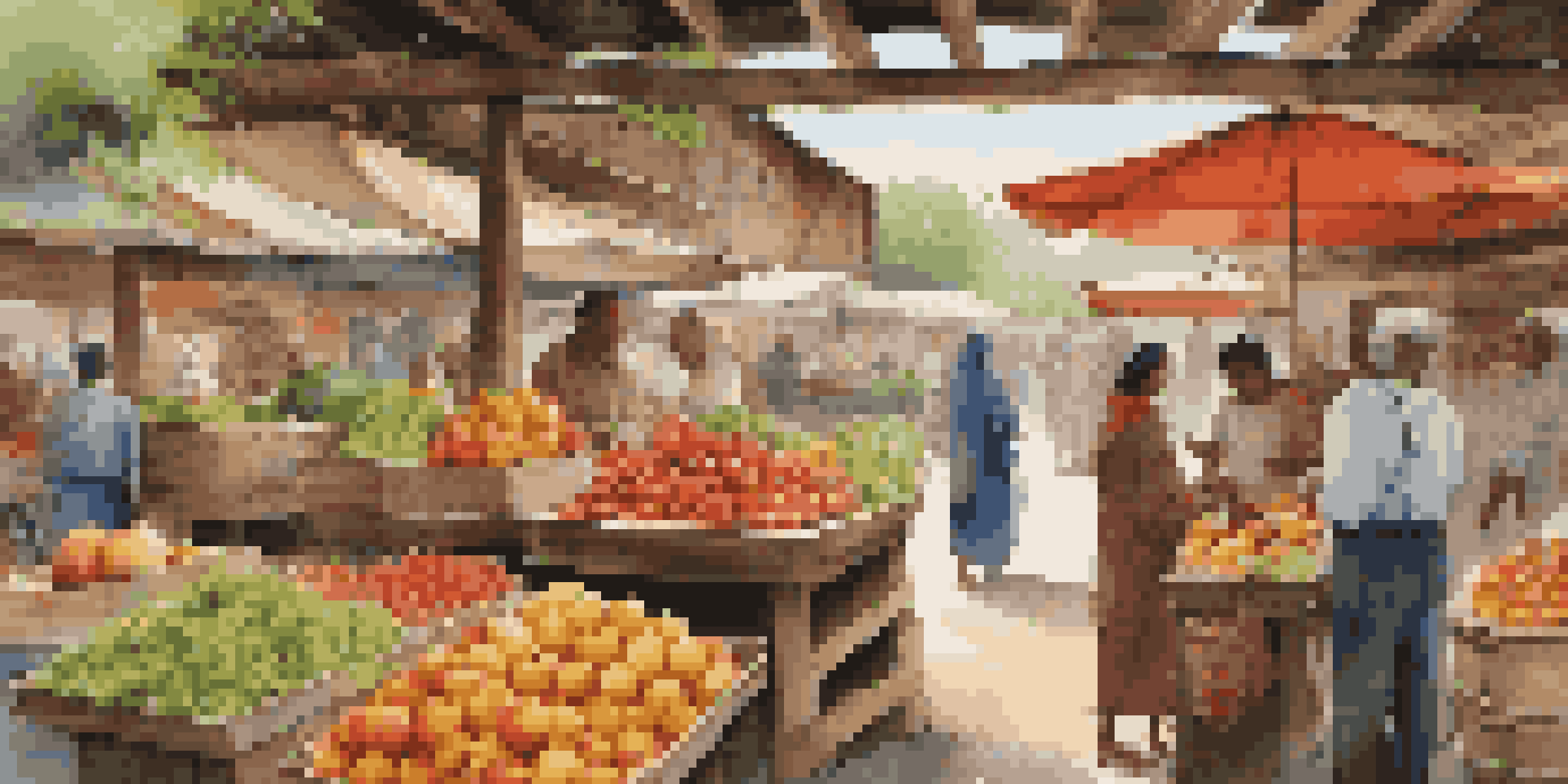 A bustling market scene with colorful fruits, vegetables, and handmade goods being exchanged between people in warm natural light.
